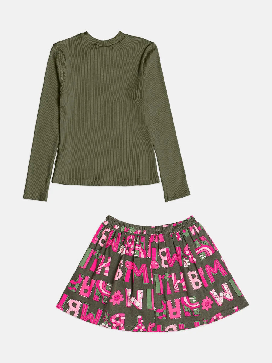 Conjunto Infantil Bimbi Inverno com Saia e Blusa Manga Longa Verde Flores