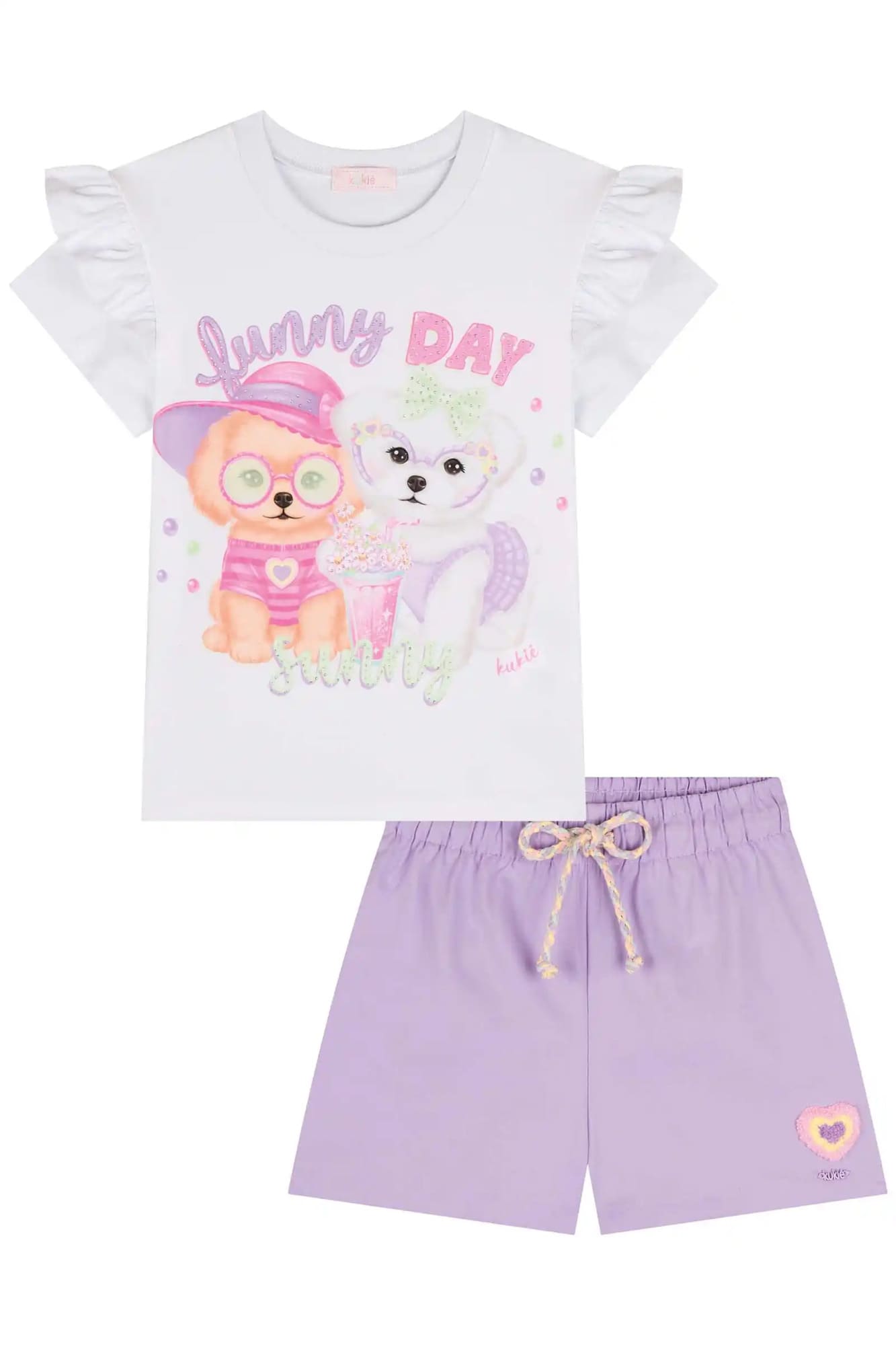 Conjunto Infantil Kukiê Verão com Shorts Lilás e Blusa Branca Cachorrinhas Funny Day