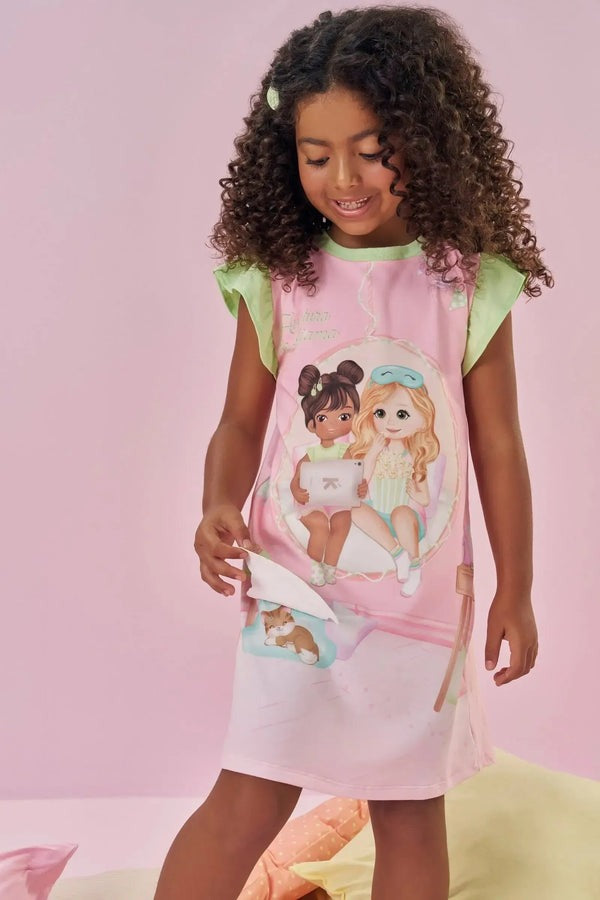 Camisola Infantil Kukiê Verão Rosa Amiguinhas Festa do Pijama