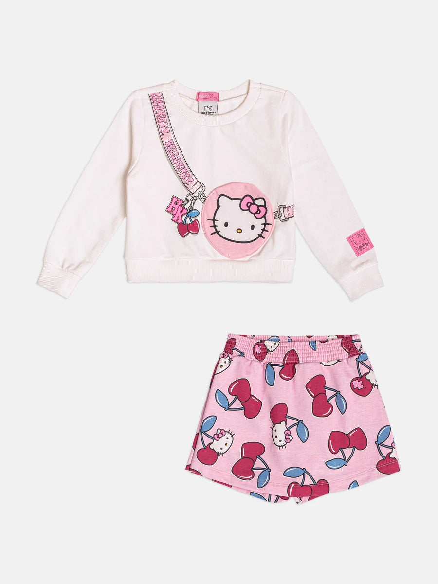 Conjunto Infantil Momi Inverno com Shorts Saia Rosa e Moletom sem Flanela Bolsinha Hello Kitty 3D