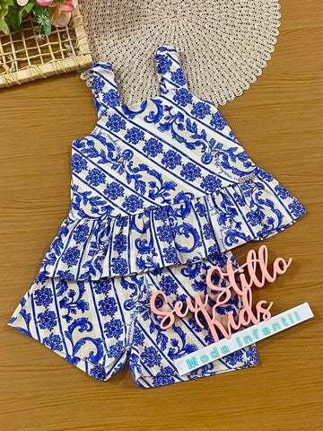 Conjunto Infantil Menina Animê com Shorts e Blusa Azul Floral