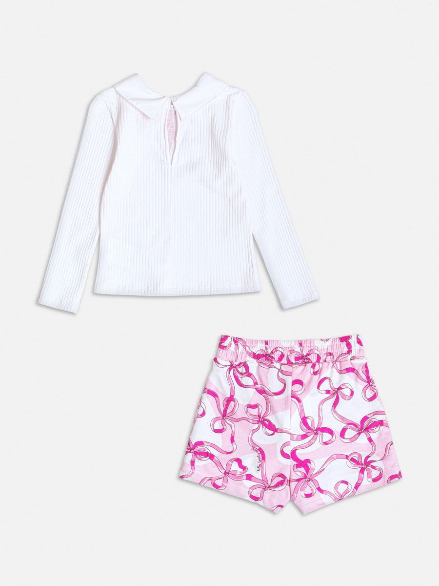 Conjunto Infantil Momi Inverno com Short Saia Rosa e Blusa Branca Lacinho