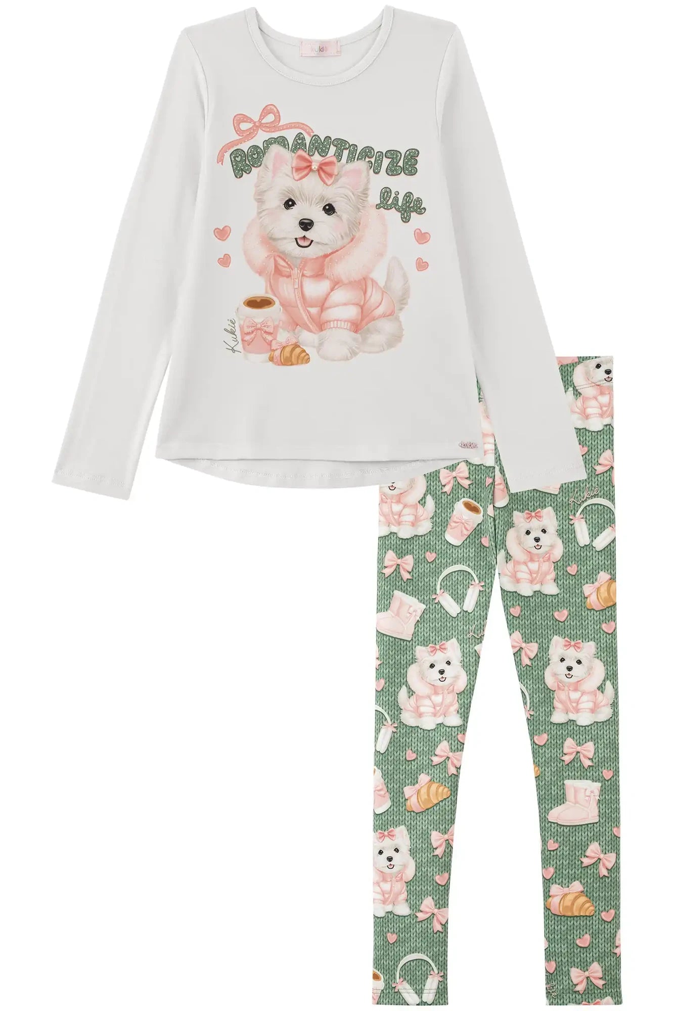 Conjunto Infantil Kukiê Inverno com Calça Legging Verde e Blusa Manga Longa Cachorrinha