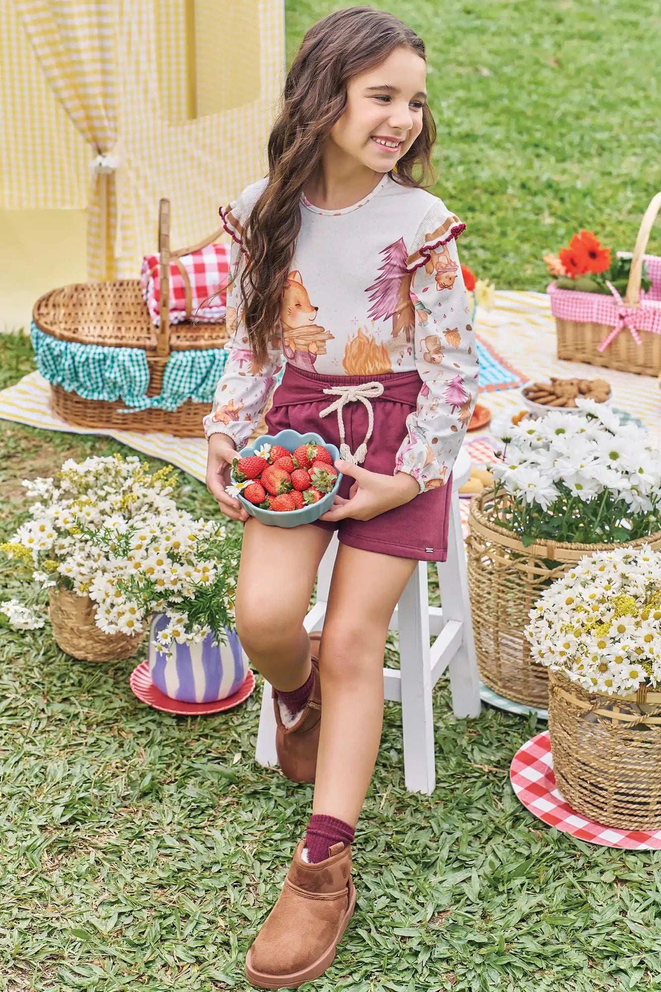 Conjunto Infantil Kukiê Inverno com Shorts Vinho e Blusa Manga Longa Raposinha na Floresta