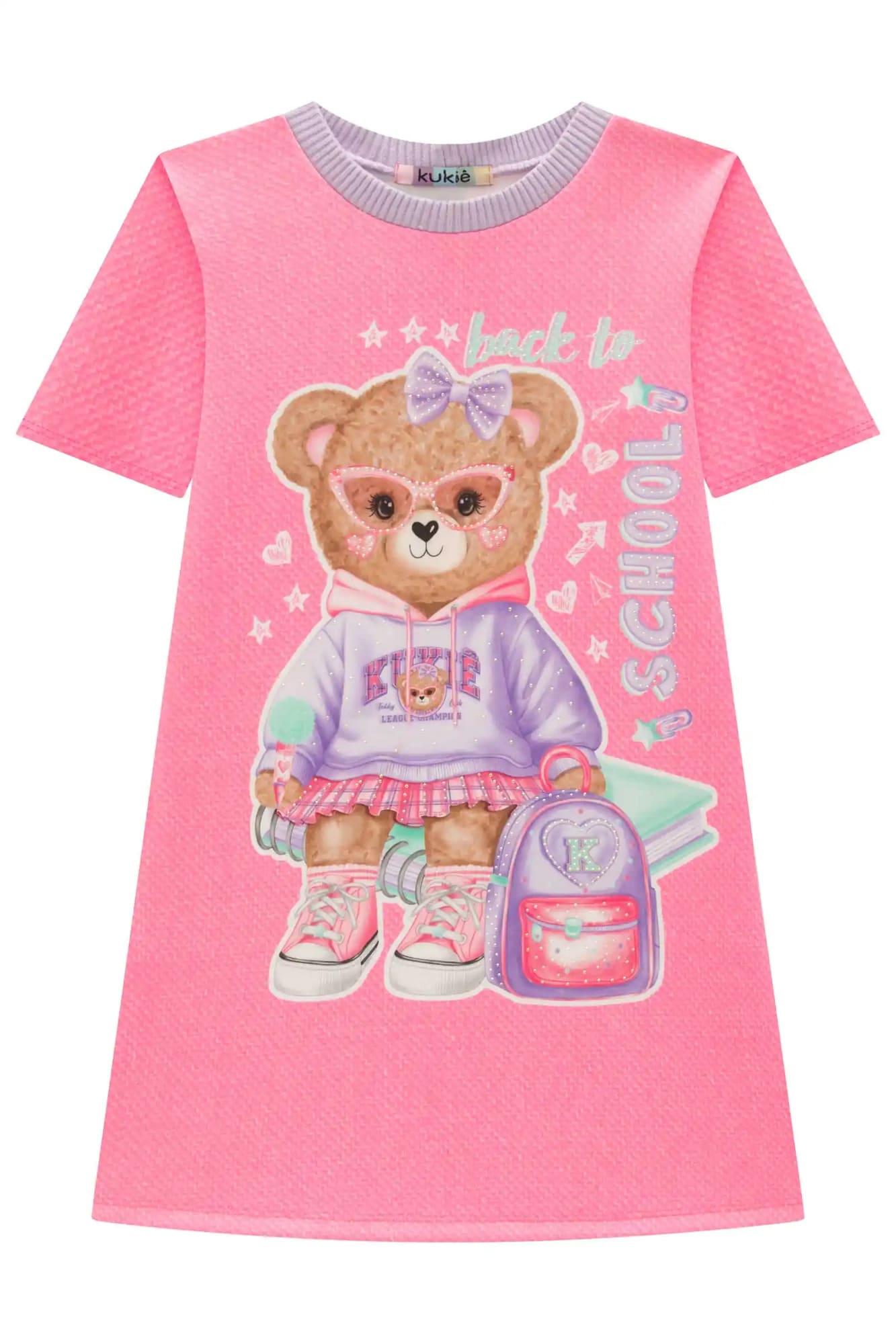 Vestido Infantil Kukiê Manga Curta Rosa Ursinha Escolar