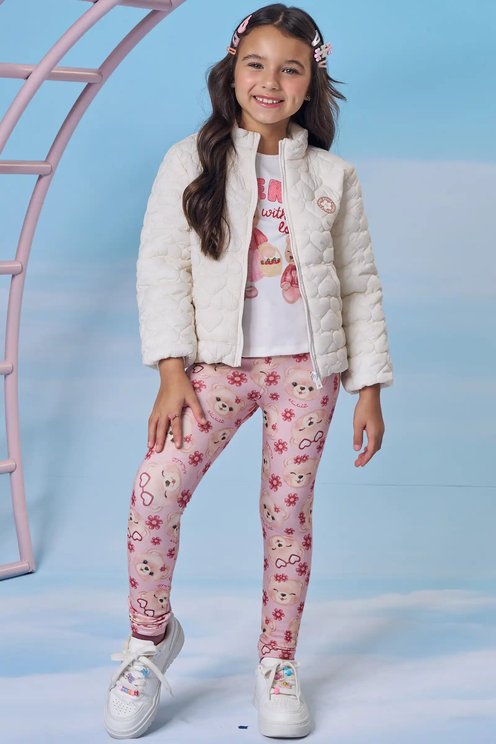 Calça Legging Infantil Kukiê Inverno Rosa Ursinha e Flores