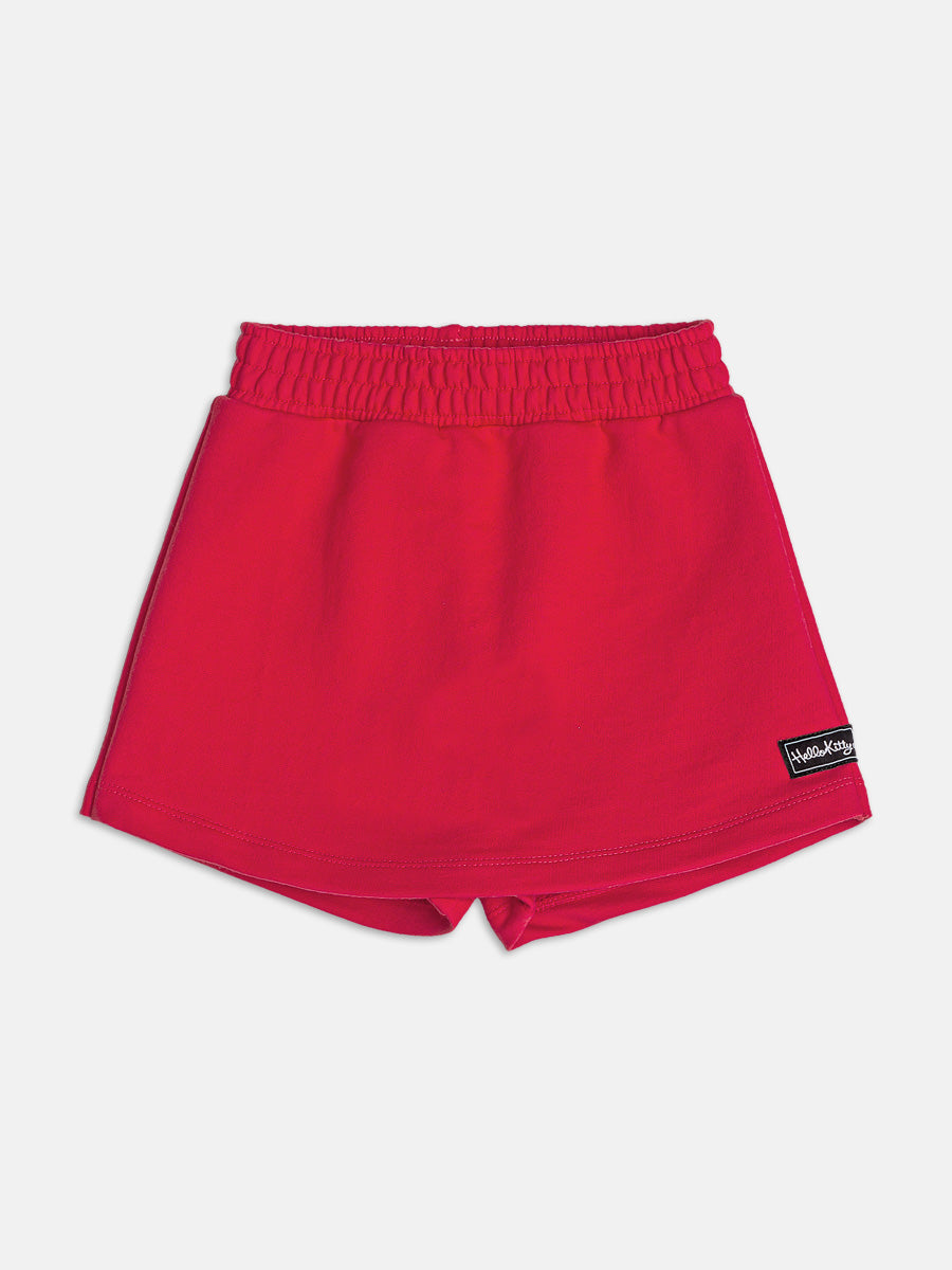 Conjunto Infantil Momi Verão com Shorts Saia Vermelho e Blusa Branca Hello Kitty com Strass