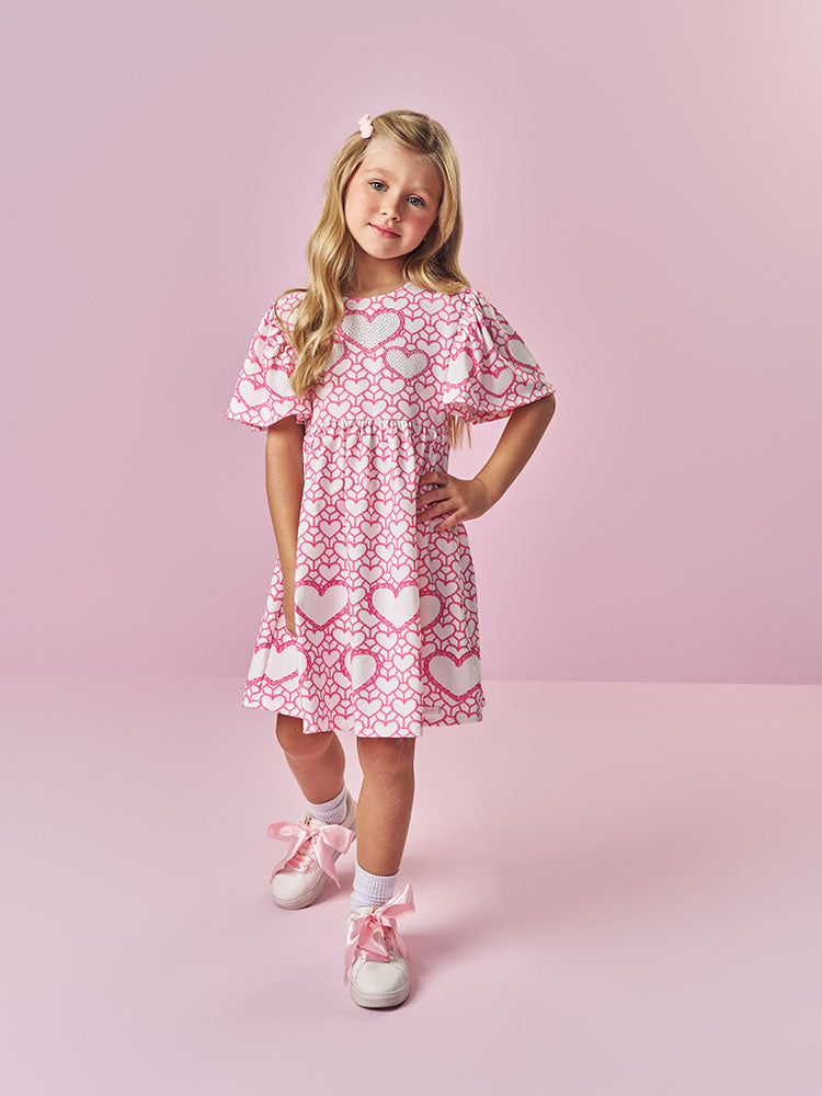 Vestido Infantill Cinti Verão Branco Corações com Strass