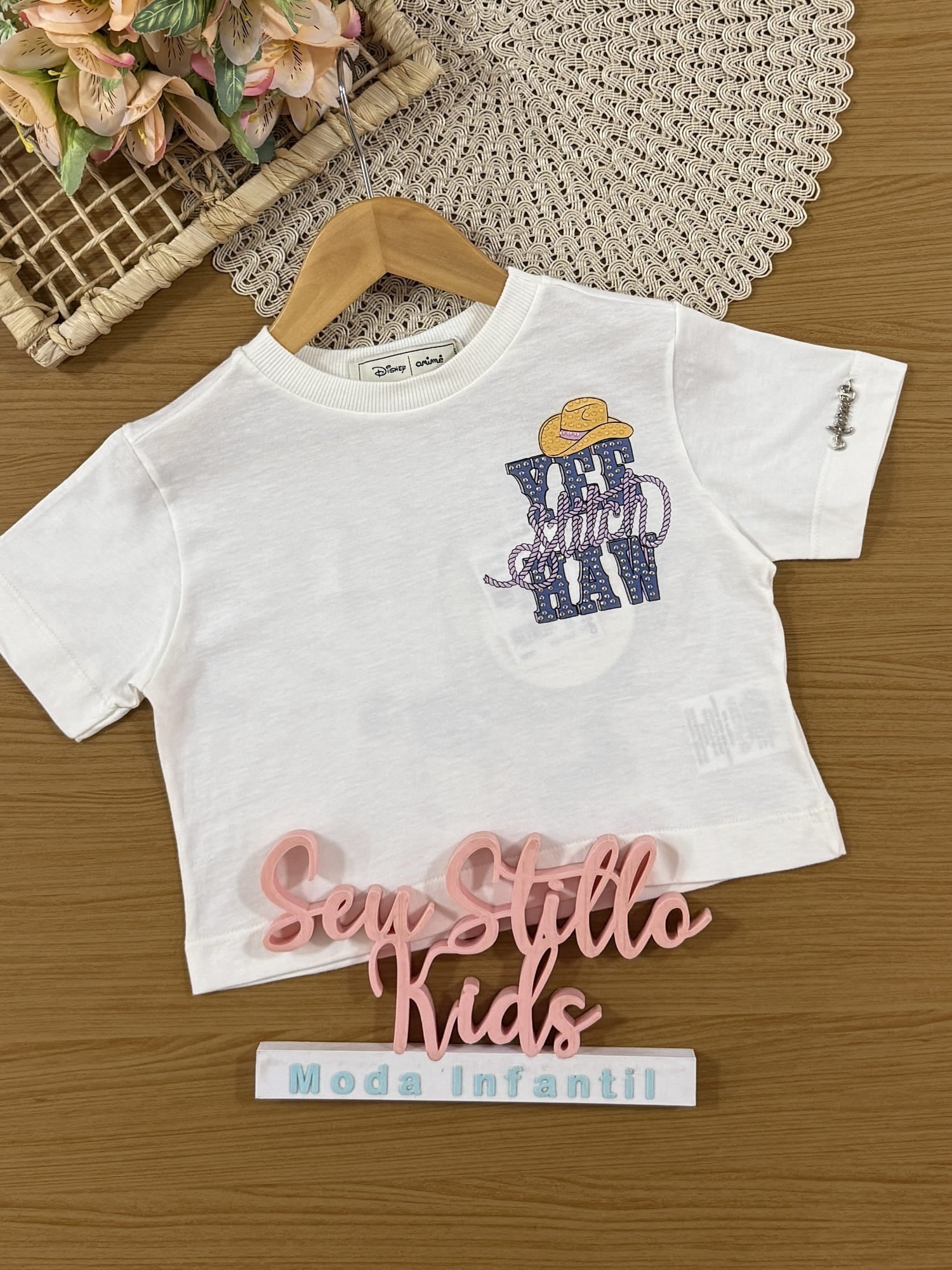 Blusa Infantil Animê Verão Branca Stitch Cowboy Disney