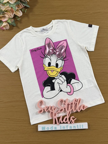 Blusa Infantil Momi Inverno Manga Curta Branca Daisy com Laço Disney