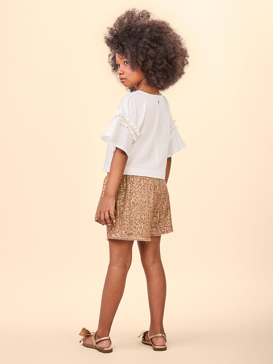 Conjunto Infantil Animê Verão Blusa Off White e Shorts Marrom Paetê Laço