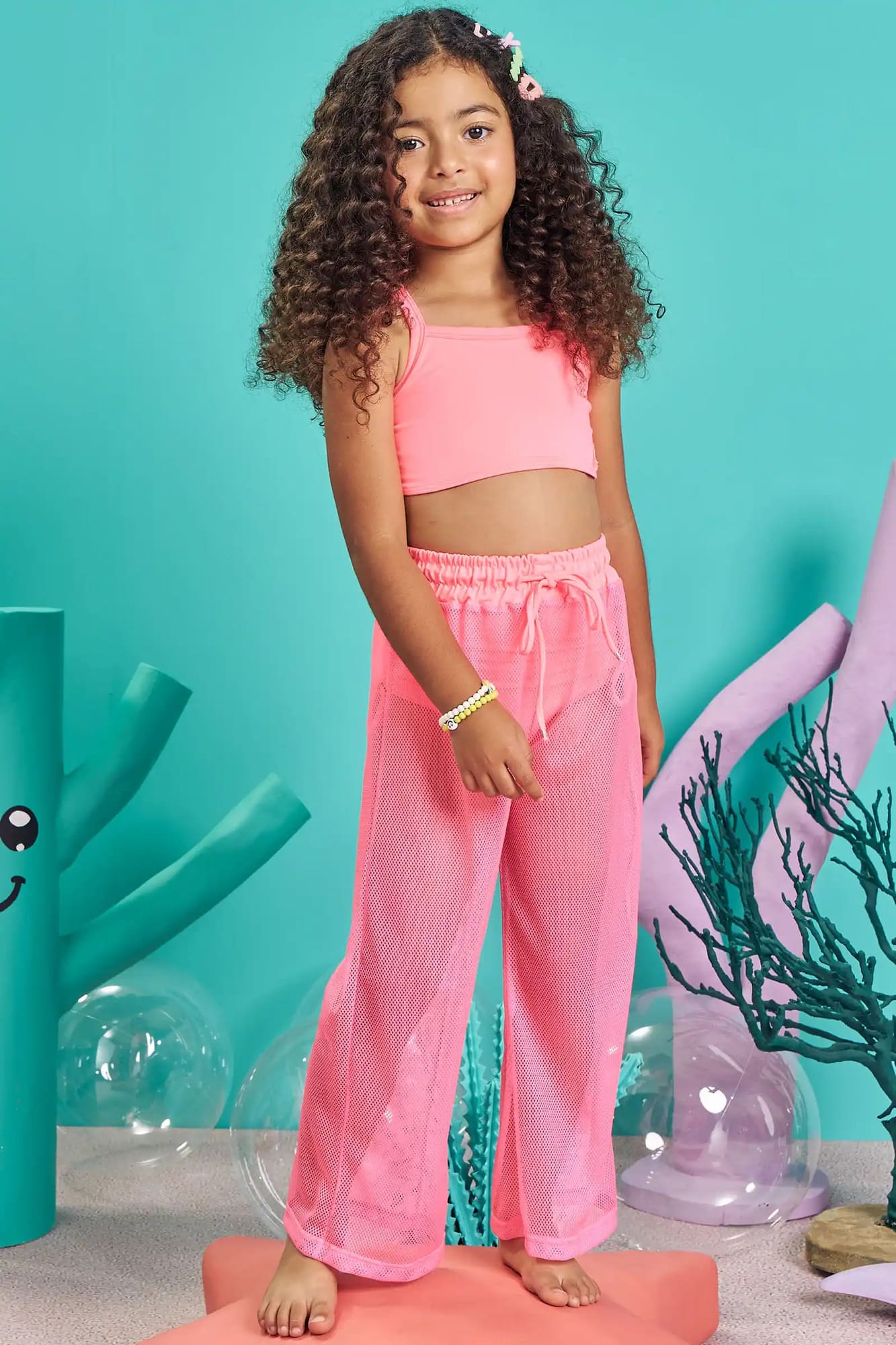 Calça Infantil Kukiê Verão Rosa Neon em Tela