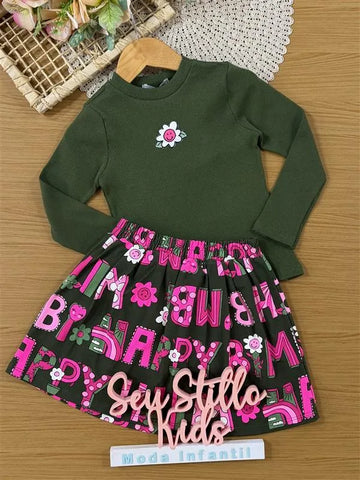 Conjunto Infantil Bimbi Inverno com Saia e Blusa Manga Longa Verde Flores