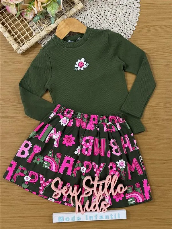 Conjunto Infantil Bimbi Inverno com Saia e Blusa Manga Longa Verde Flores