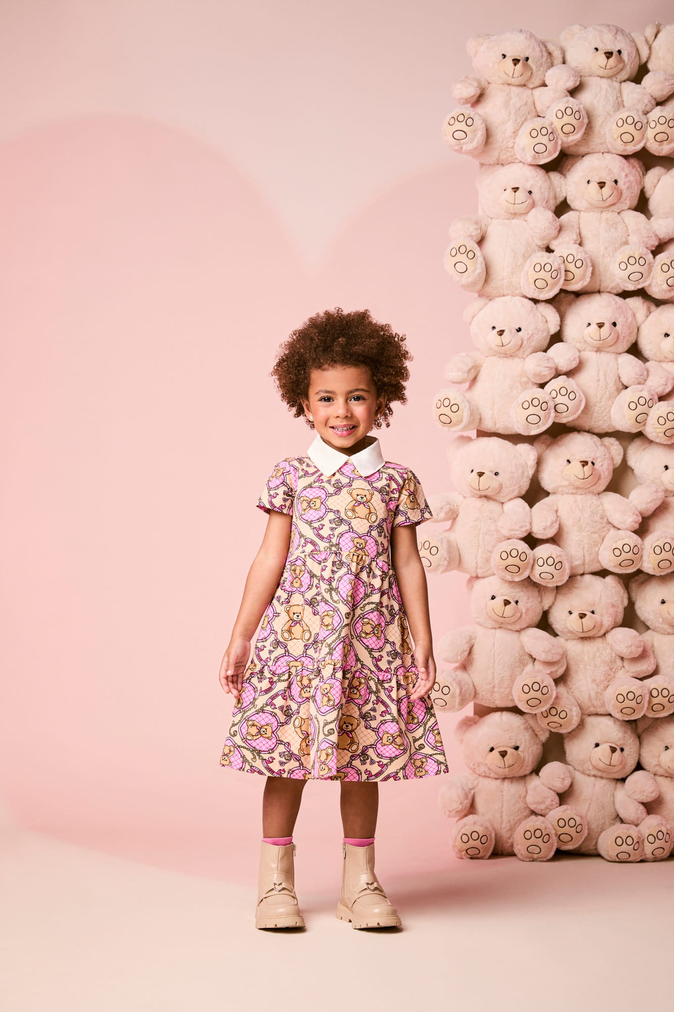 Vestido Infantil Momi Inverno Bege Ursinhos e Lacinhos