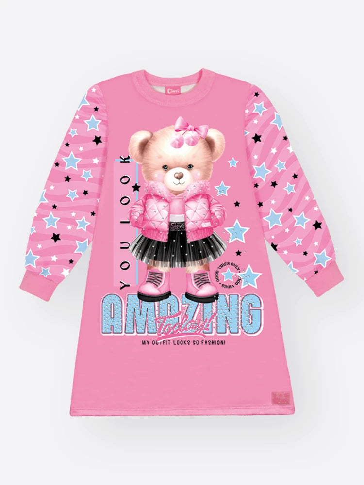 Vestido Infantil Cinti Inverno Térmico Rosa Ursinha Amazing