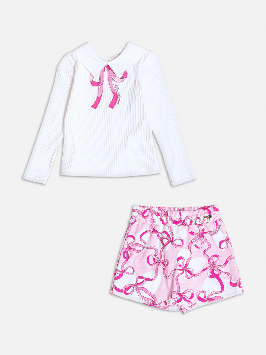 Conjunto Infantil Momi Inverno com Short Saia Rosa e Blusa Branca Lacinho