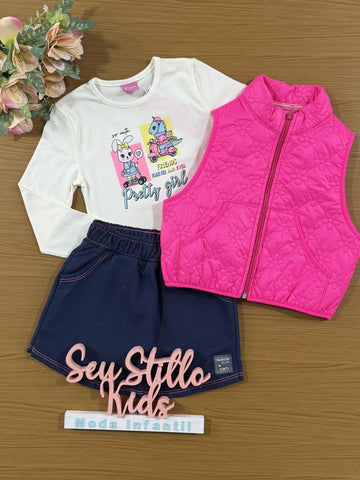 Conjunto Infantil Cinti Shorts Saia e Blusa Manga Longa com Colete Rosa Floral