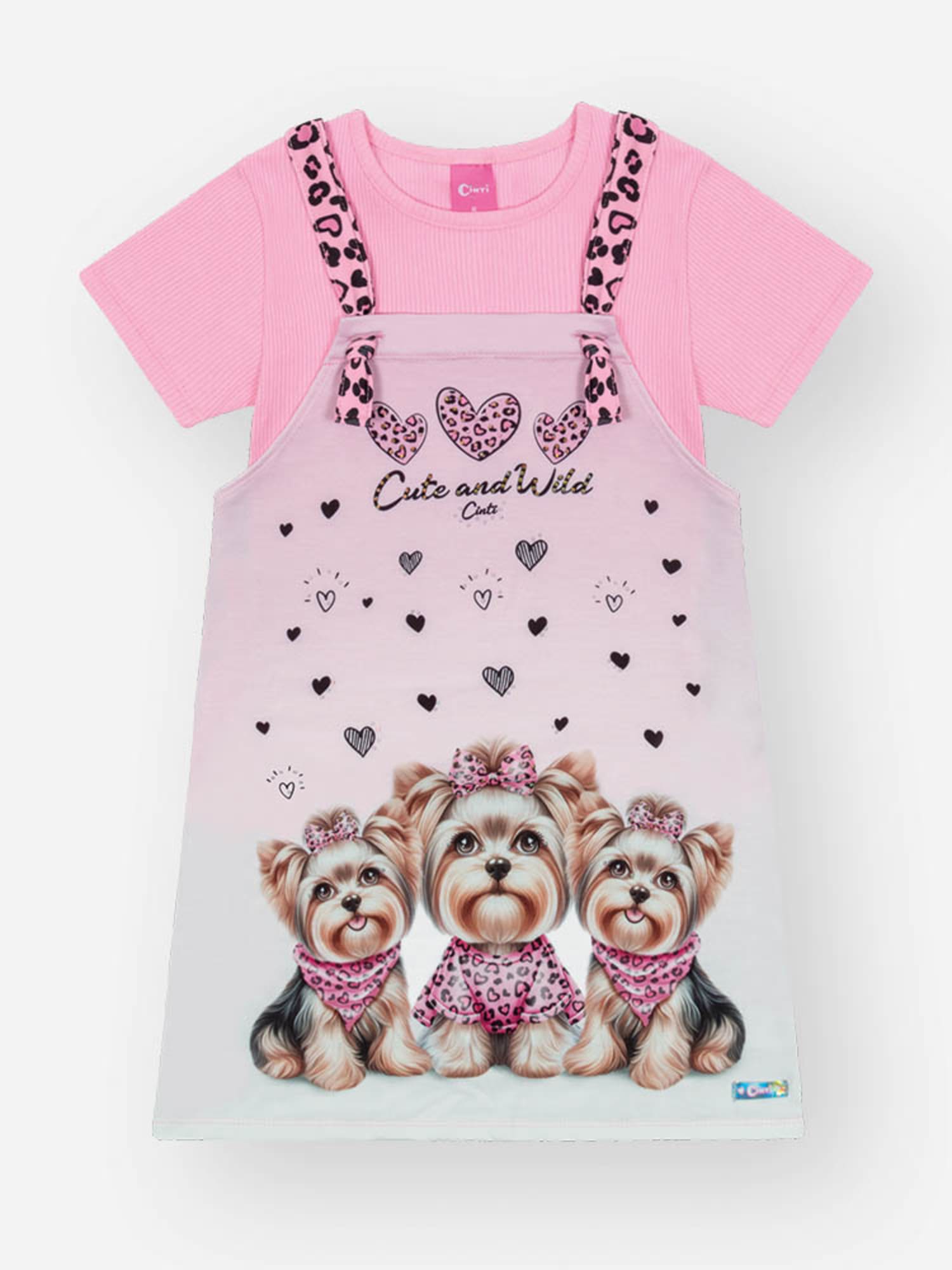 Salopete Infantil Cinti com Blusa Rosa Cachorrinha