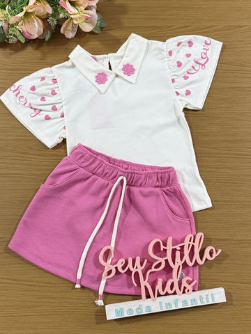 Conjunto Infantil Cinti Verão Shorts e Blusa Branca com Florzinha Rosa