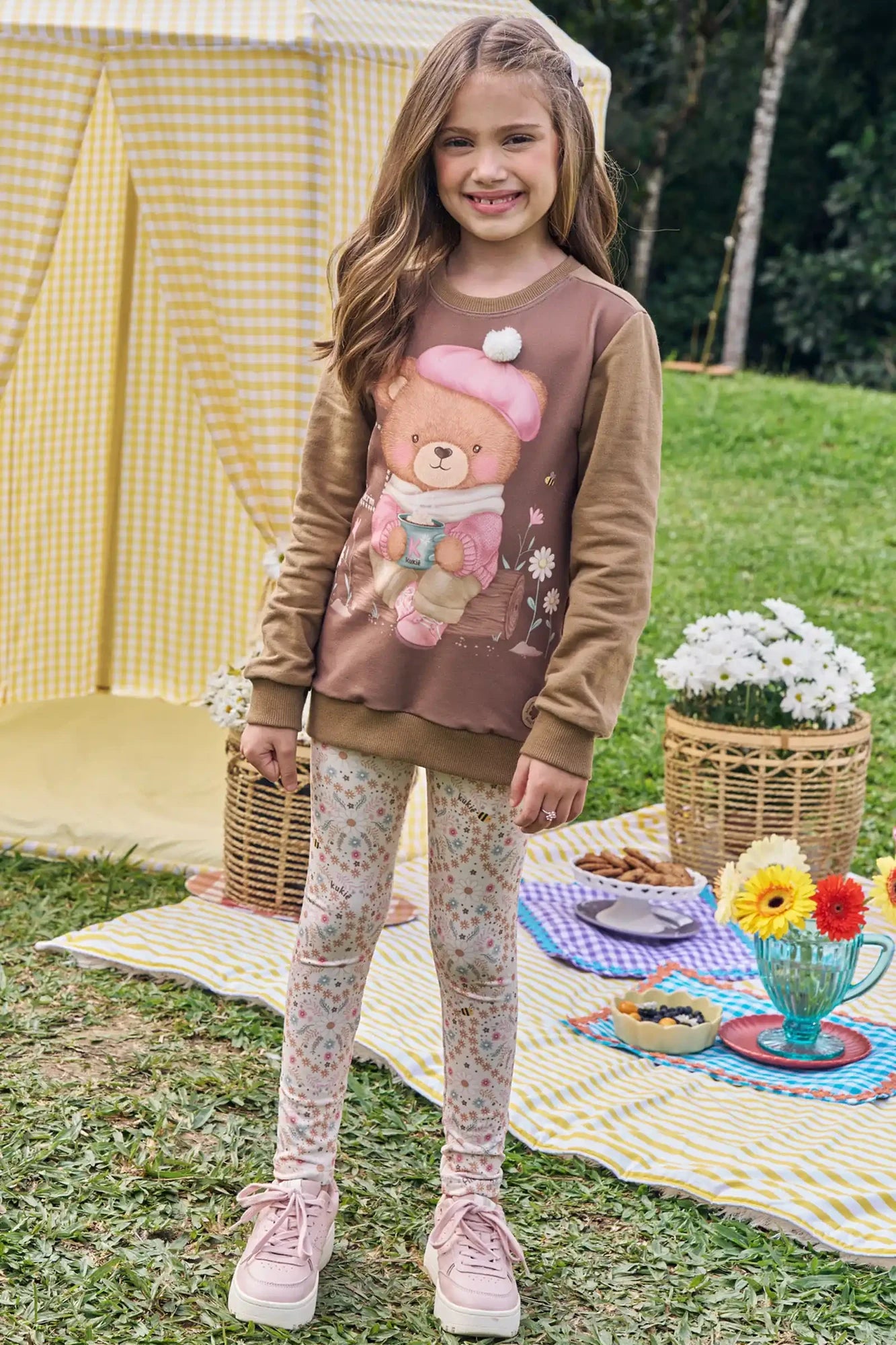 Conjunto Infantil Kukiê Inverno Legging e Moletom sem Flanela Marrom Ursinha