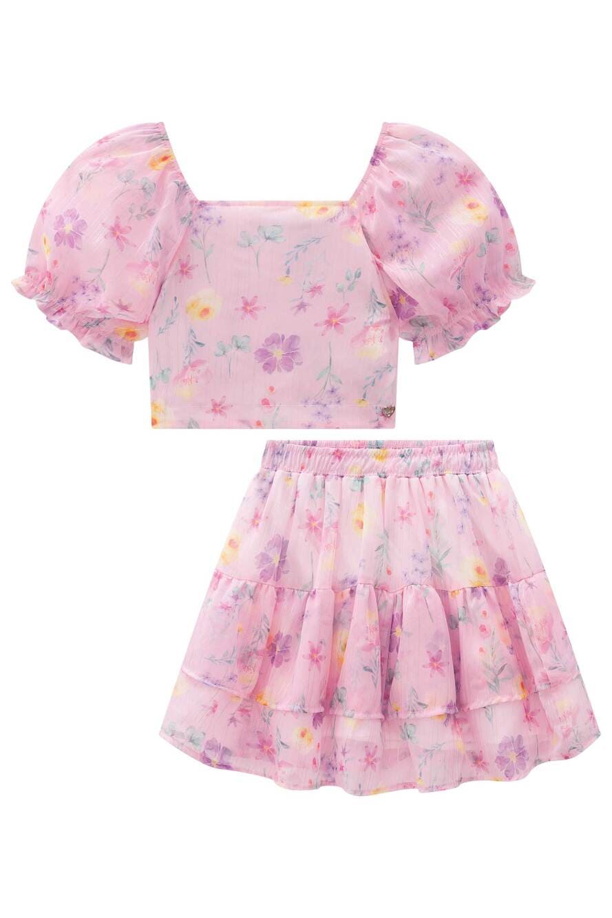 Conjunto Infantil Kukie Verão Saia e Blusa Chiffon Rosa Floral