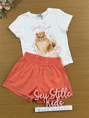 Conjunto Infantil Kukiê com Shorts Laranja e Blusa Manga Curta Cachorrinha