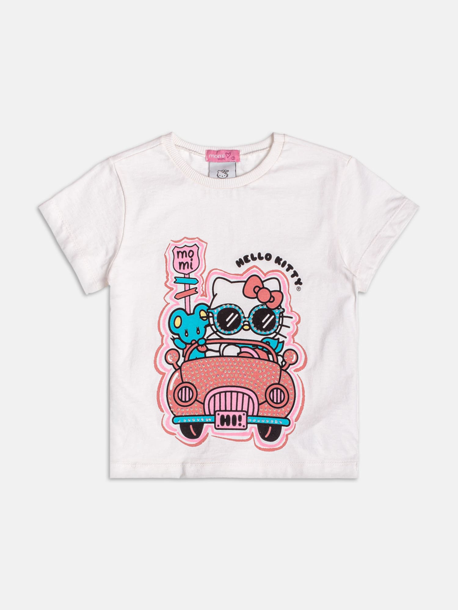 Conjunto Infantil Momi Verão com Shorts Ciclista Vermelho e Blusa Branca Hello Kitty Viagem