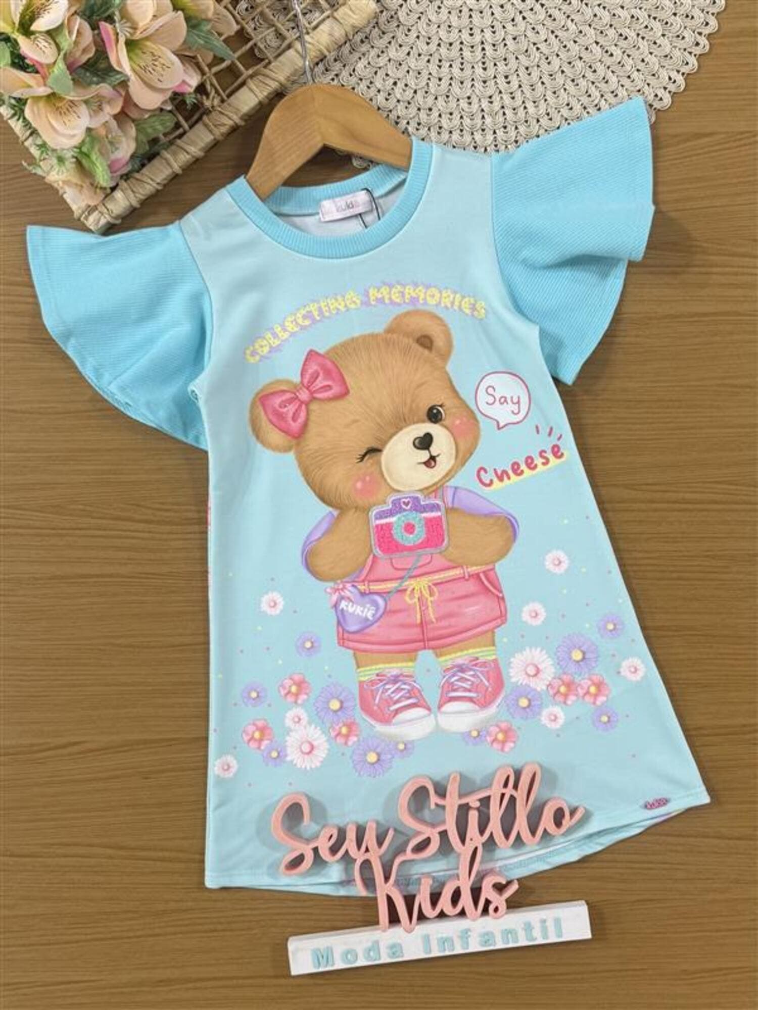 Vestido Infantil Kukiê Verão Azul Ursinha Fotógrafa