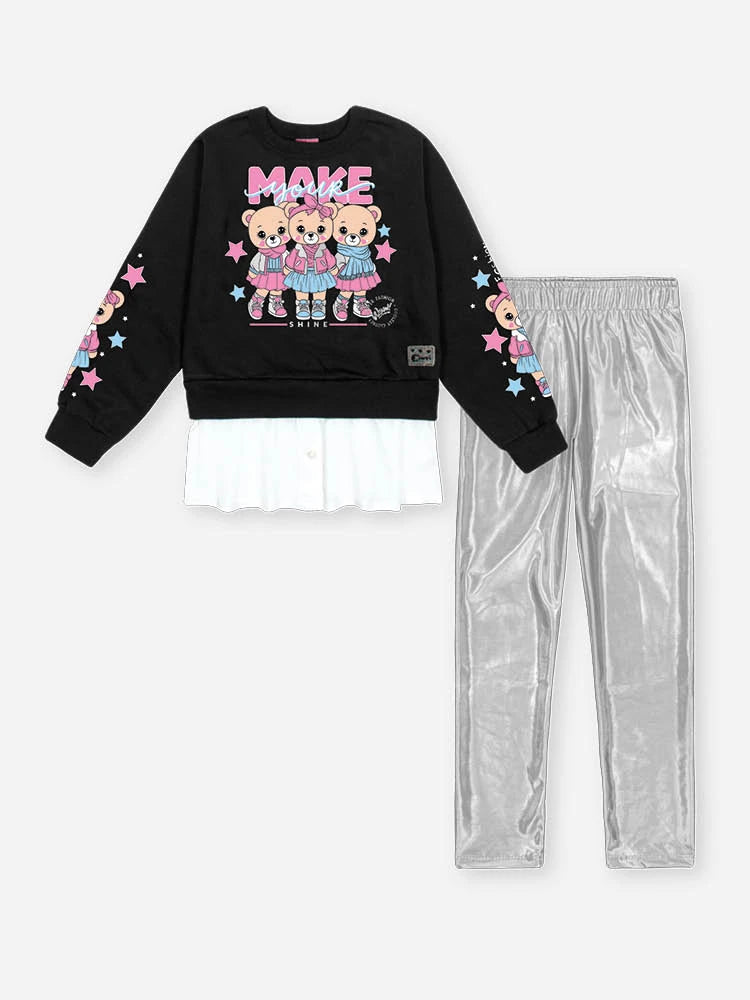Conjunto Infantil Cinti Inverno com Calça Legging Holografica e Moletom Flanelado Ursinhas