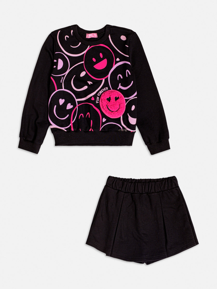 Conjunto Infantil Momi Inverno com Short Saia e Casaco Preto Emoji