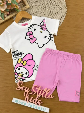 Conjunto Infantil Menina Momi Shorts Ciclista Rosa e Blusa Hello Kitty e My Melody