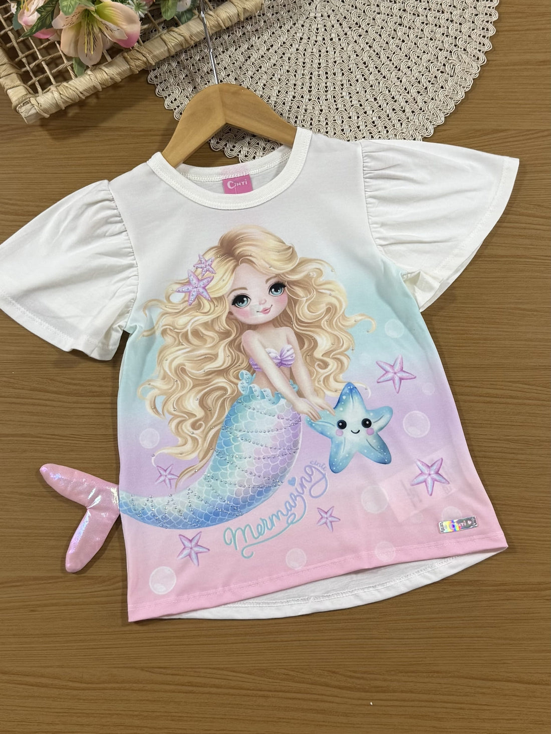 Conjunto Infantil Cinti Verão com Calça Rosa Holográfica e Blusa Branca Sereia