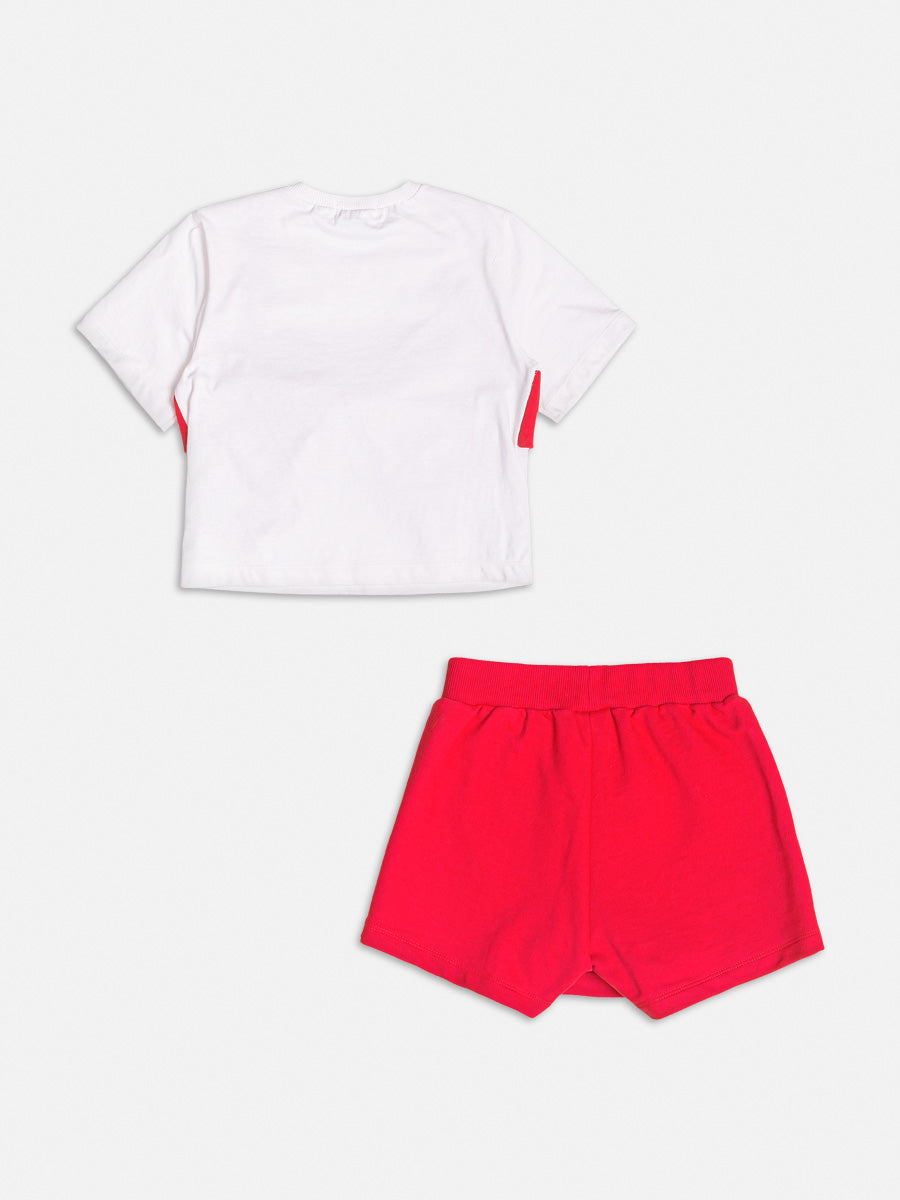 Conjunto Infantil Momi Verão Shorts Saia Vermelha e Blusa Laço Vermelho
