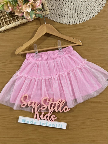 Saia Infantil Cinti Verão Rosa em Tule com Brilho