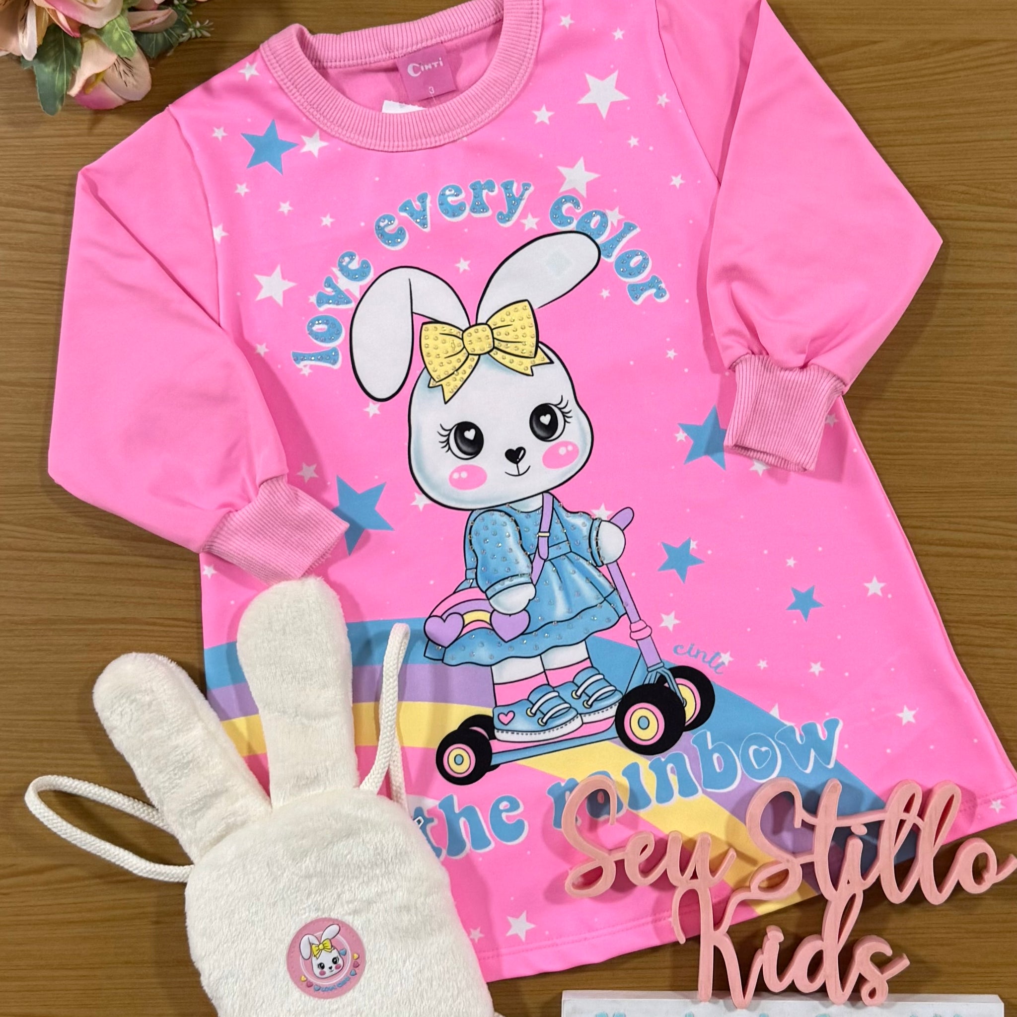 Vestido Infantil Cinti Inverno Coelhinha Rosa Com Bolsinha