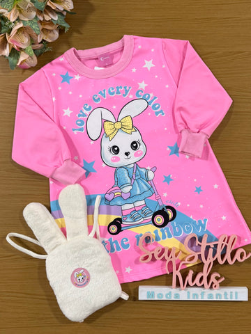 Vestido Infantil Cinti Inverno Coelhinha Rosa Com Bolsinha