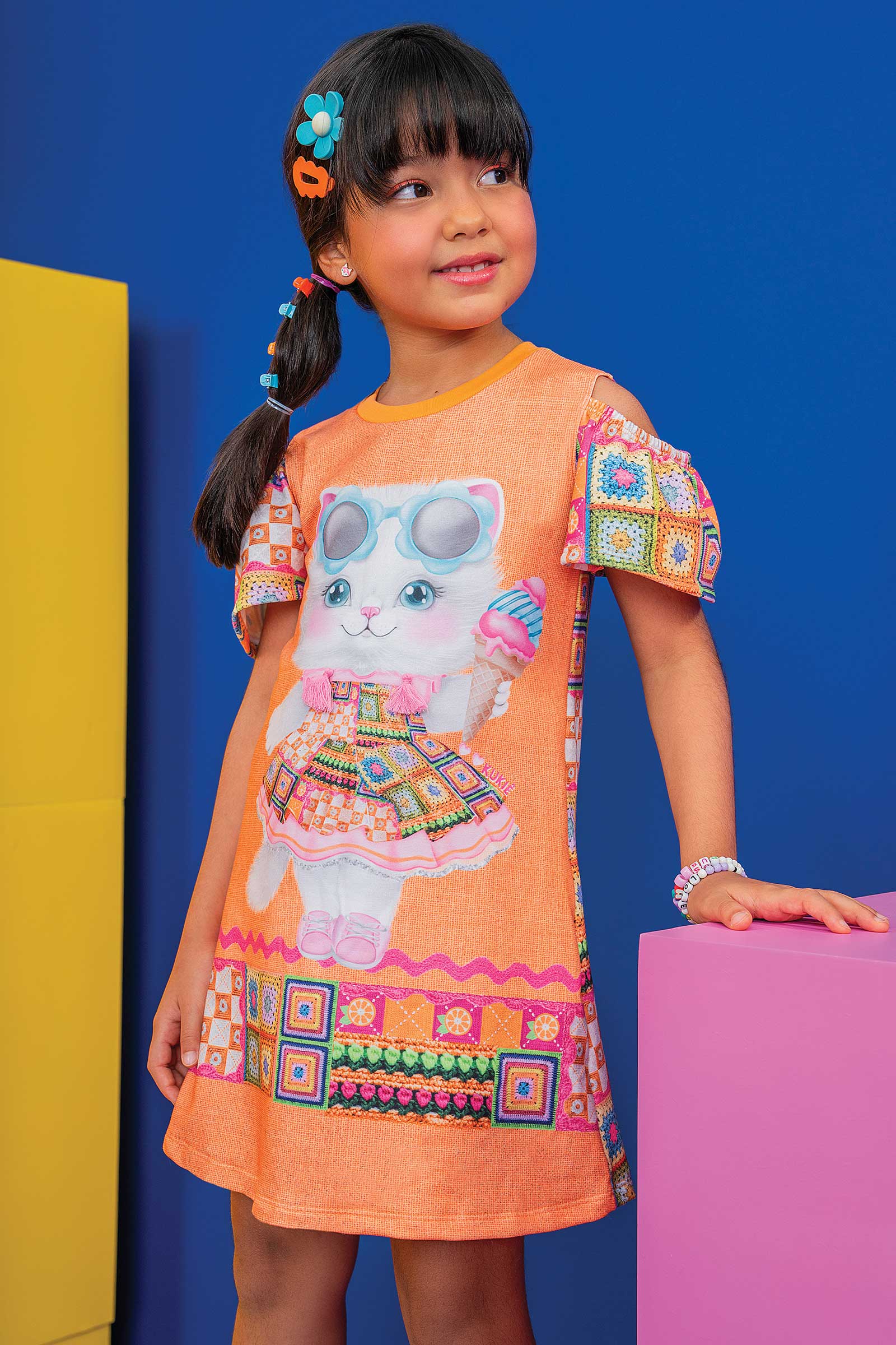 Vestido Infantil Kukie Verão Laranja Gatinha