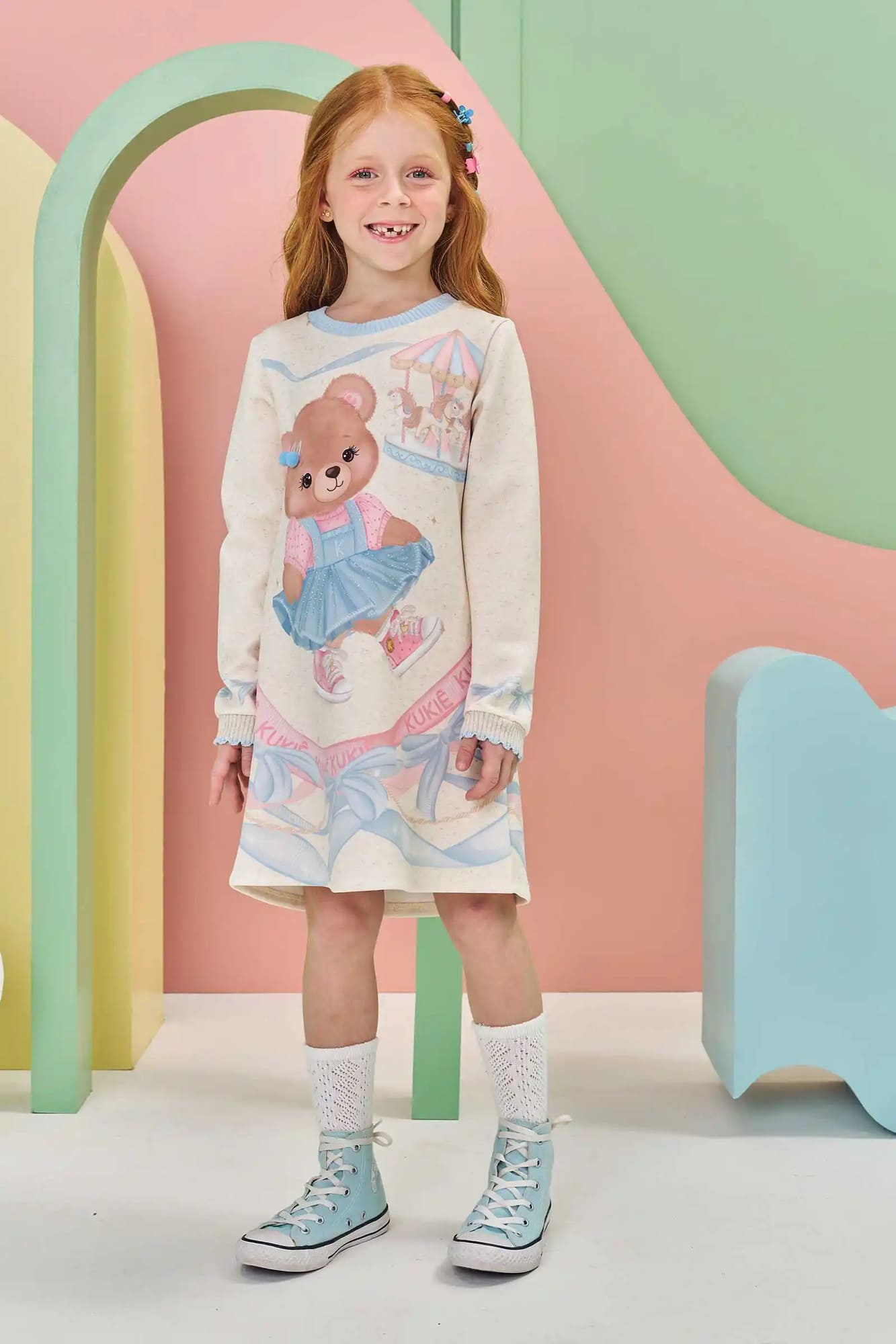 Vestido Infantil Kukiê Inverno Rosa Ursinha Carrosel