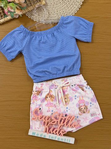 Conjunto Infantil Cinti Verão com Shorts Estampado Lider de Torcida e Blusa Azul