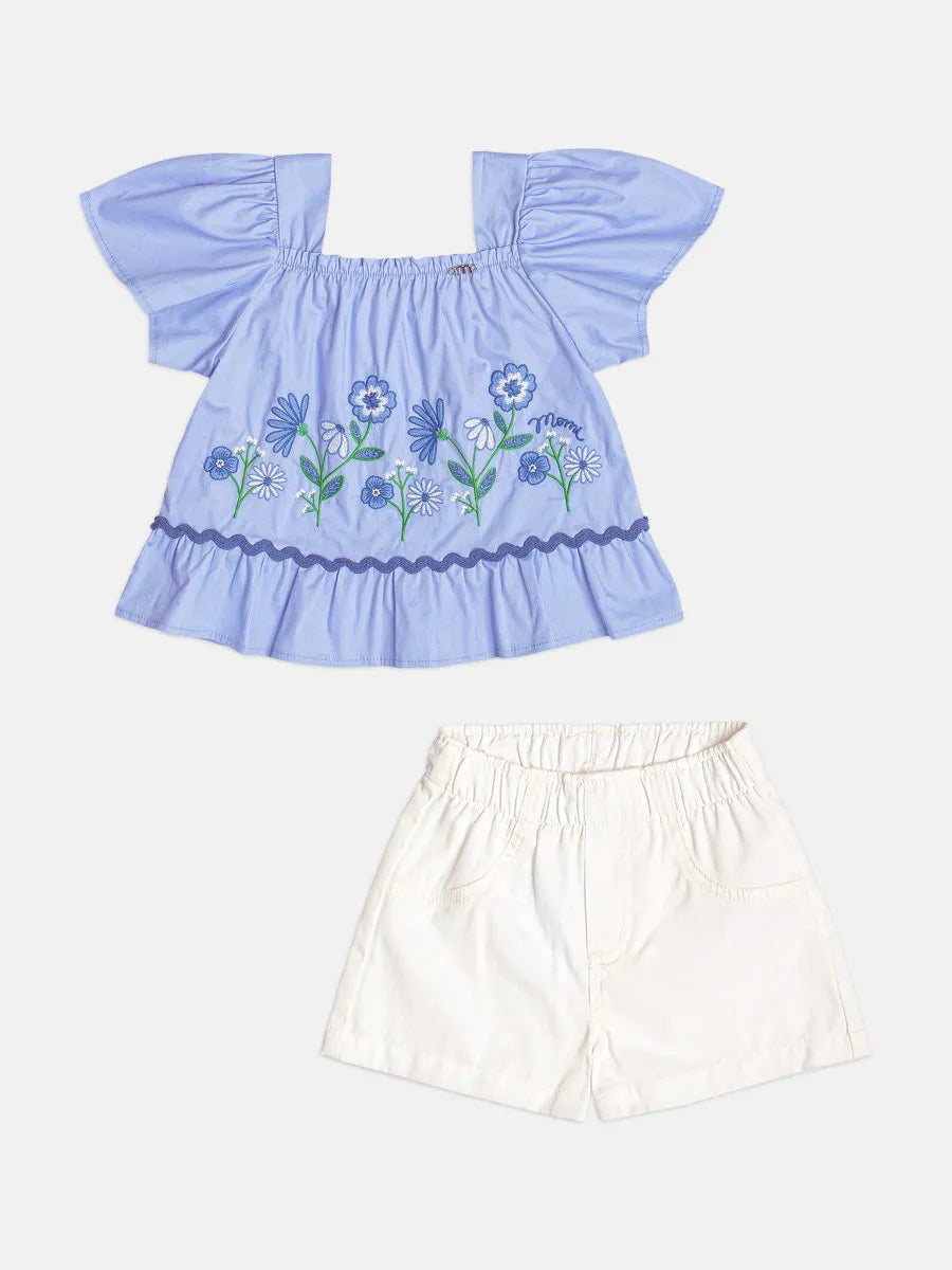 Conjunto Infantil Menina Momi com Shorts Branco e Blusa Azul Flores
