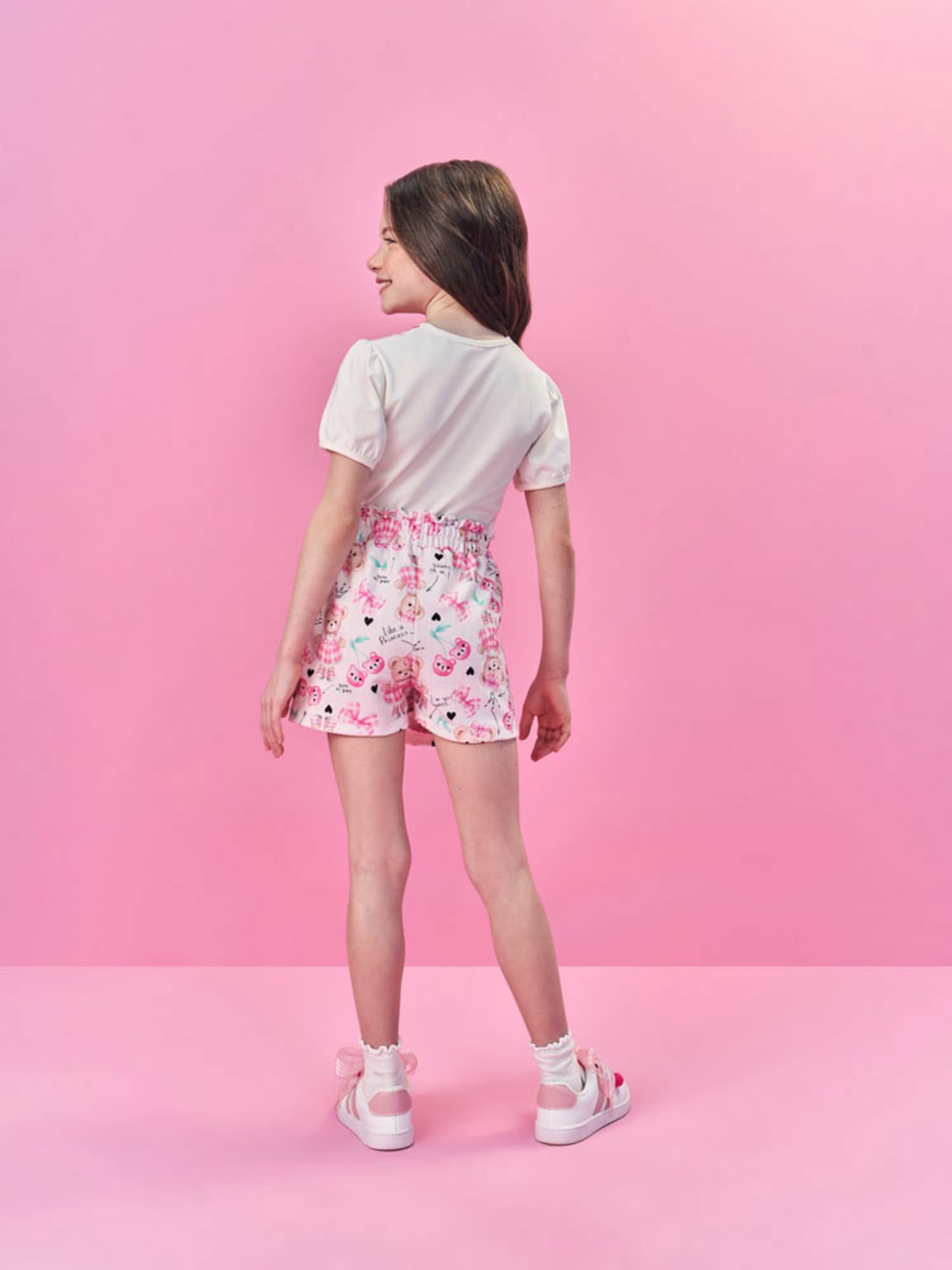 Conjunto Infantil Cinti Verão com Shorts Saia Rosa e Blusa Branca Lacinhos