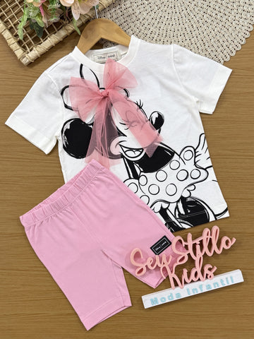 Conjunto Infantil Animê Verão com Shorts Ciclista Rosa e Blusa Branca Minnie Laço Disney