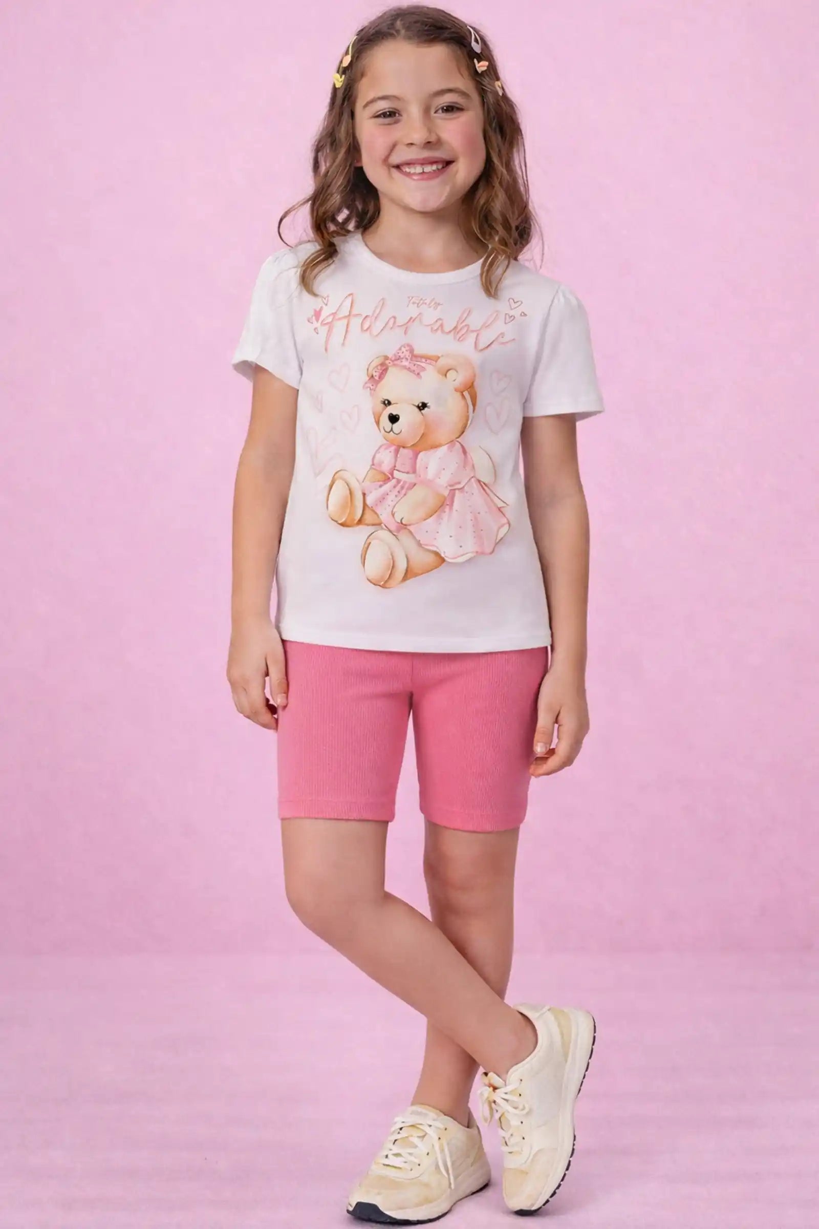 Conjunto Infantil Kukiê com Shorts Rosa e Blusa Ursinha Lacinho
