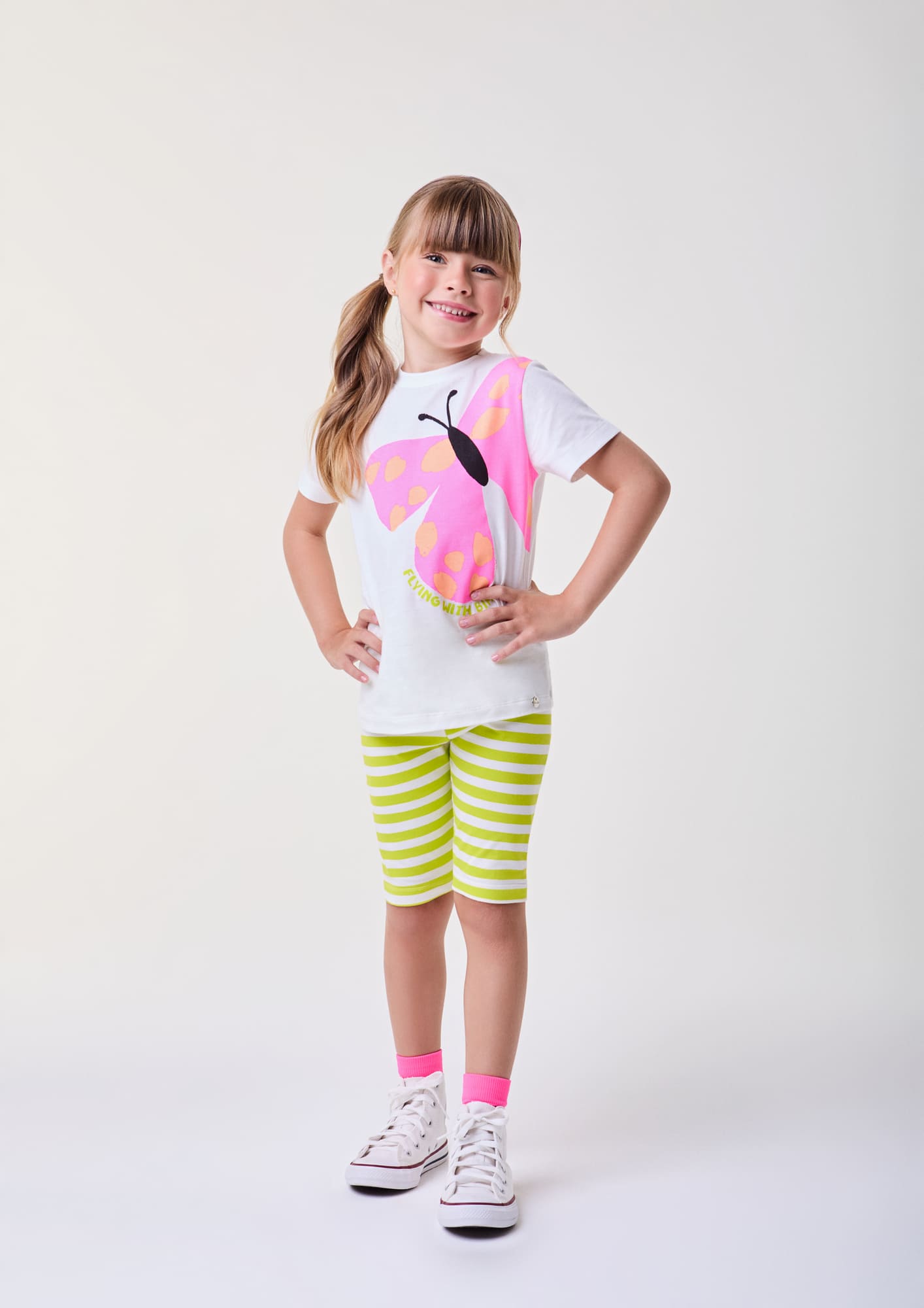 Conjunto Infantil Bimbi Verão com Shorts Listrado e Blusa Branca Borboleta