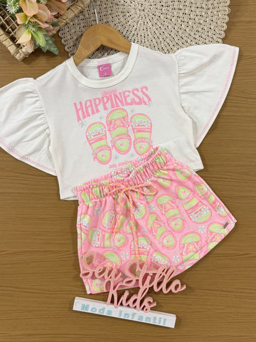 Conjunto Infantil Cinti Verão com Shorts Saia Rosa e Blusa Branca Happiness