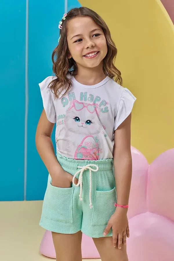 Conjunto Infantil Menina Kukiê com Shorts Verde e Blusa Gatinha Happy