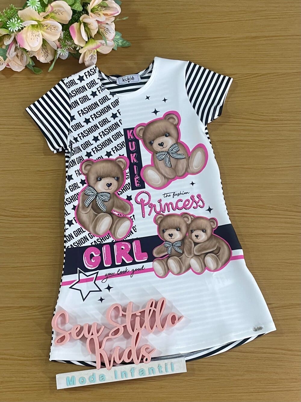 Vestido Infantil Kukie Verão Branco e Preto Ursinhos