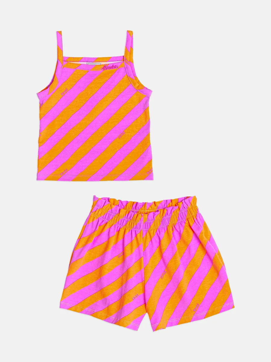 Conjunto Infantil Menina Bimbi Shorts e Blusa Listrada Laranja e Roxo