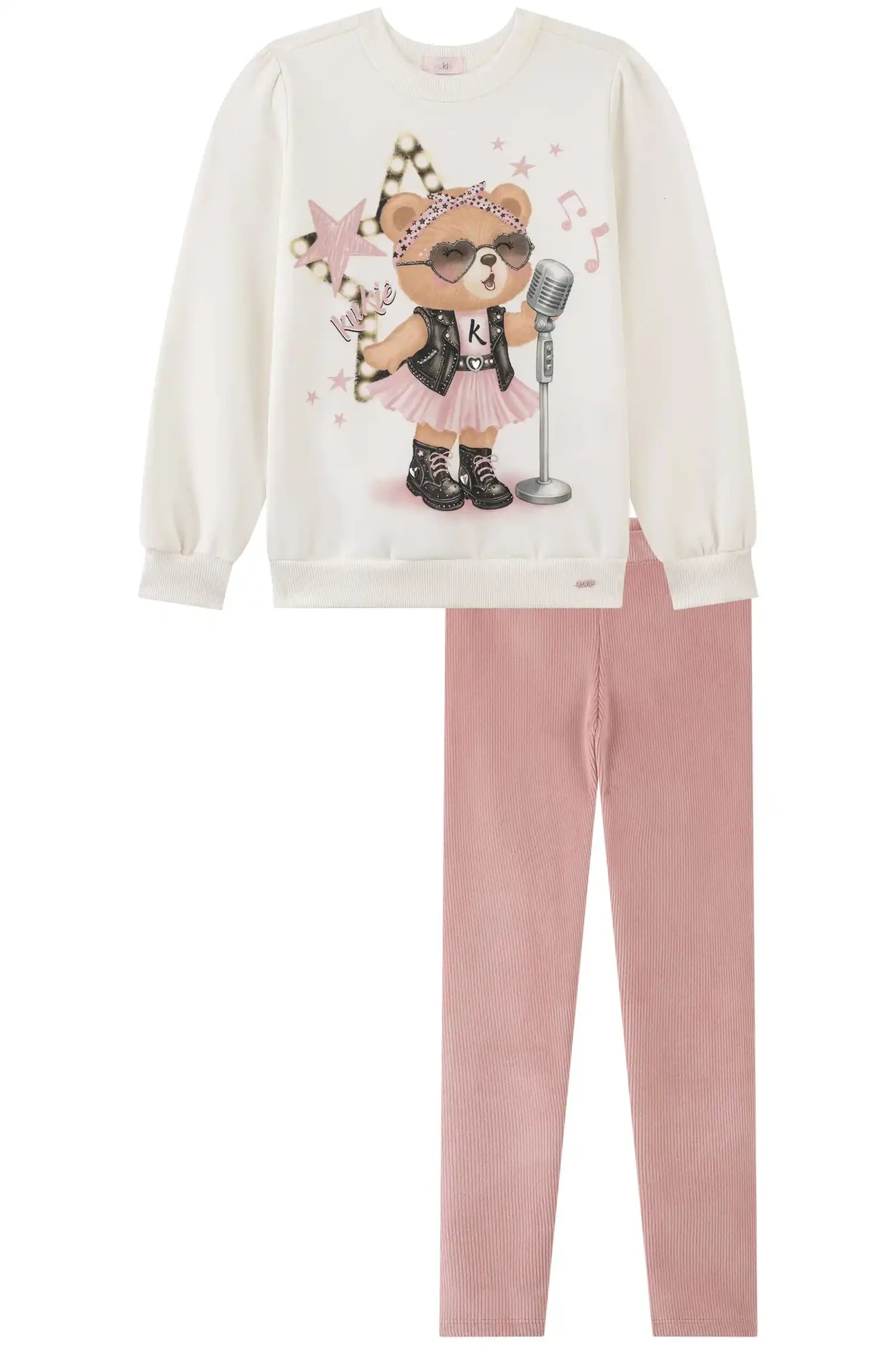 Conjunto Infantil Kukiê Inverno com Calça Legging Rosa e Moletom Flanelado Ursinha Cantora